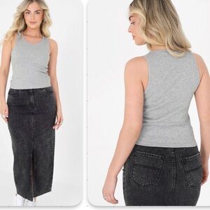 ***Brave Soul The Black Wash  RE/SET Chic Black Denim Midi Skirt with Front Slit